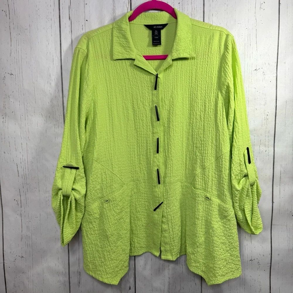 Ali Miles Lime Green Textured Button Front Tunic Top Artsy Lagenlook Boho Chic